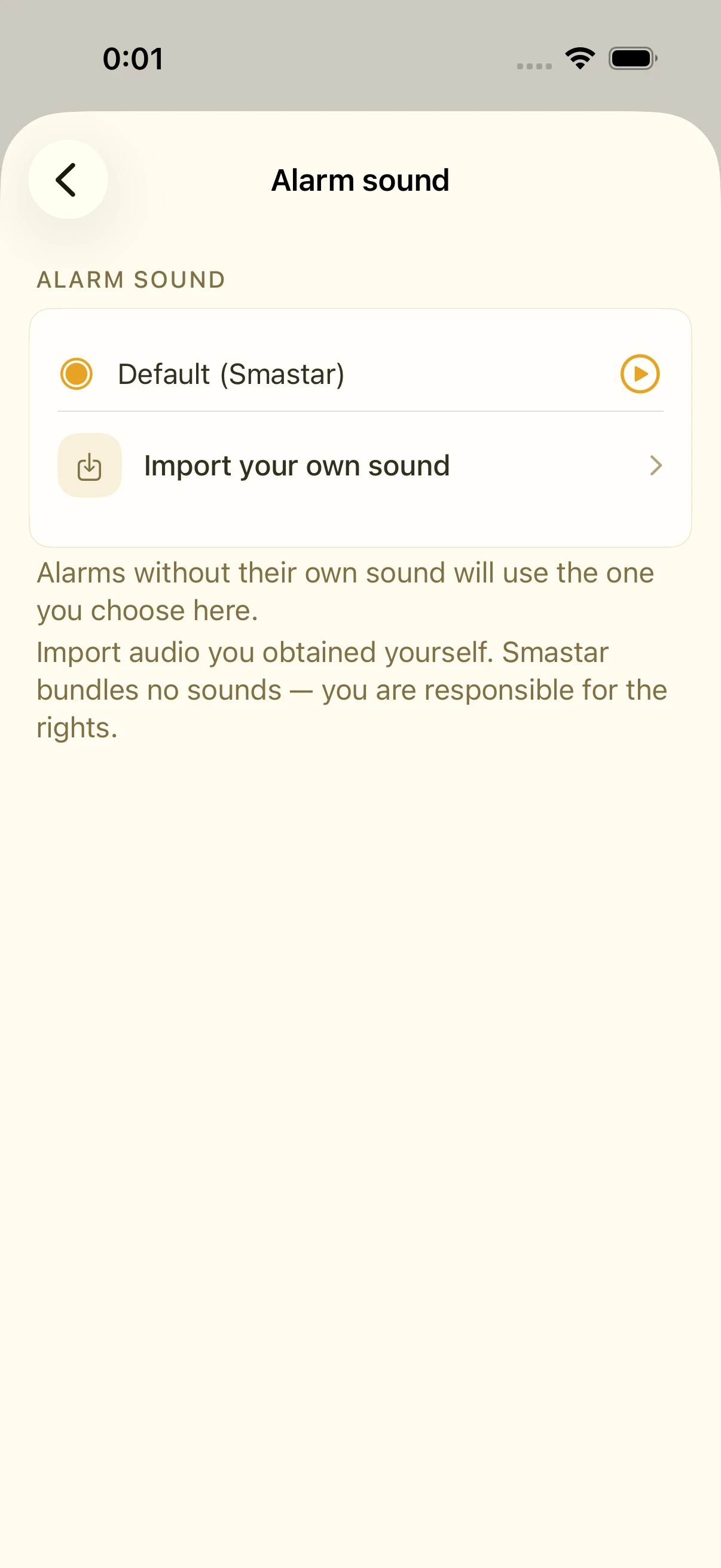 Alarm sound settings with a default tone selected and a row for importing your own audio