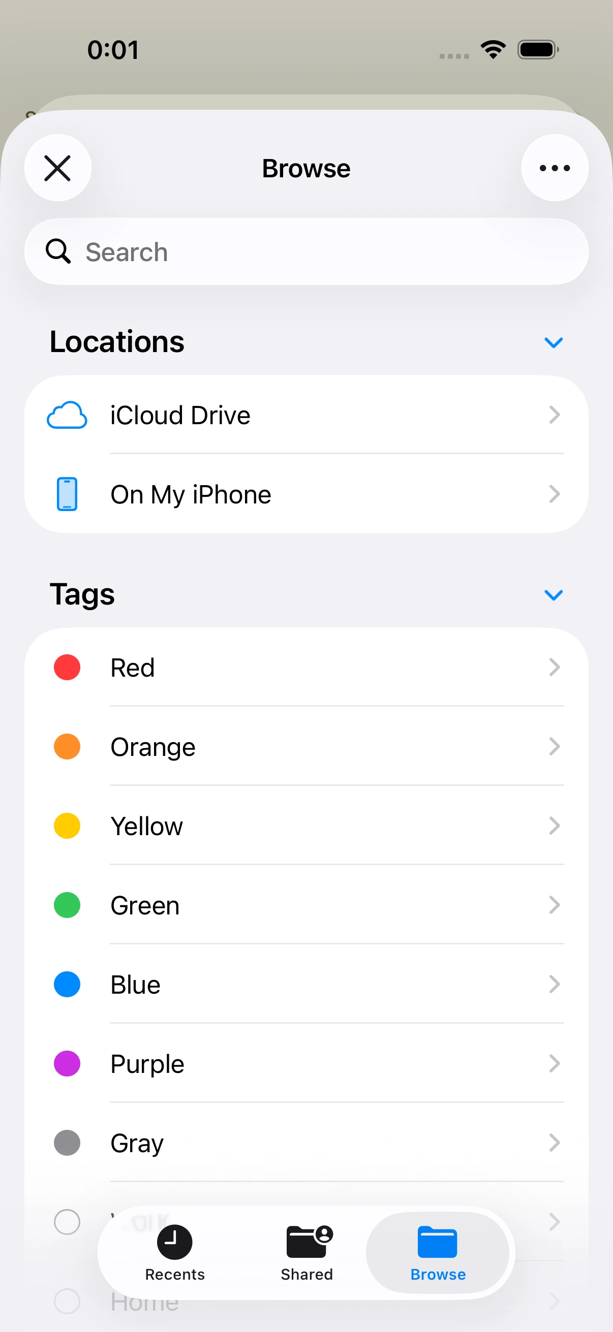 The Files app browser showing iCloud Drive, On My iPhone, and a list of tags