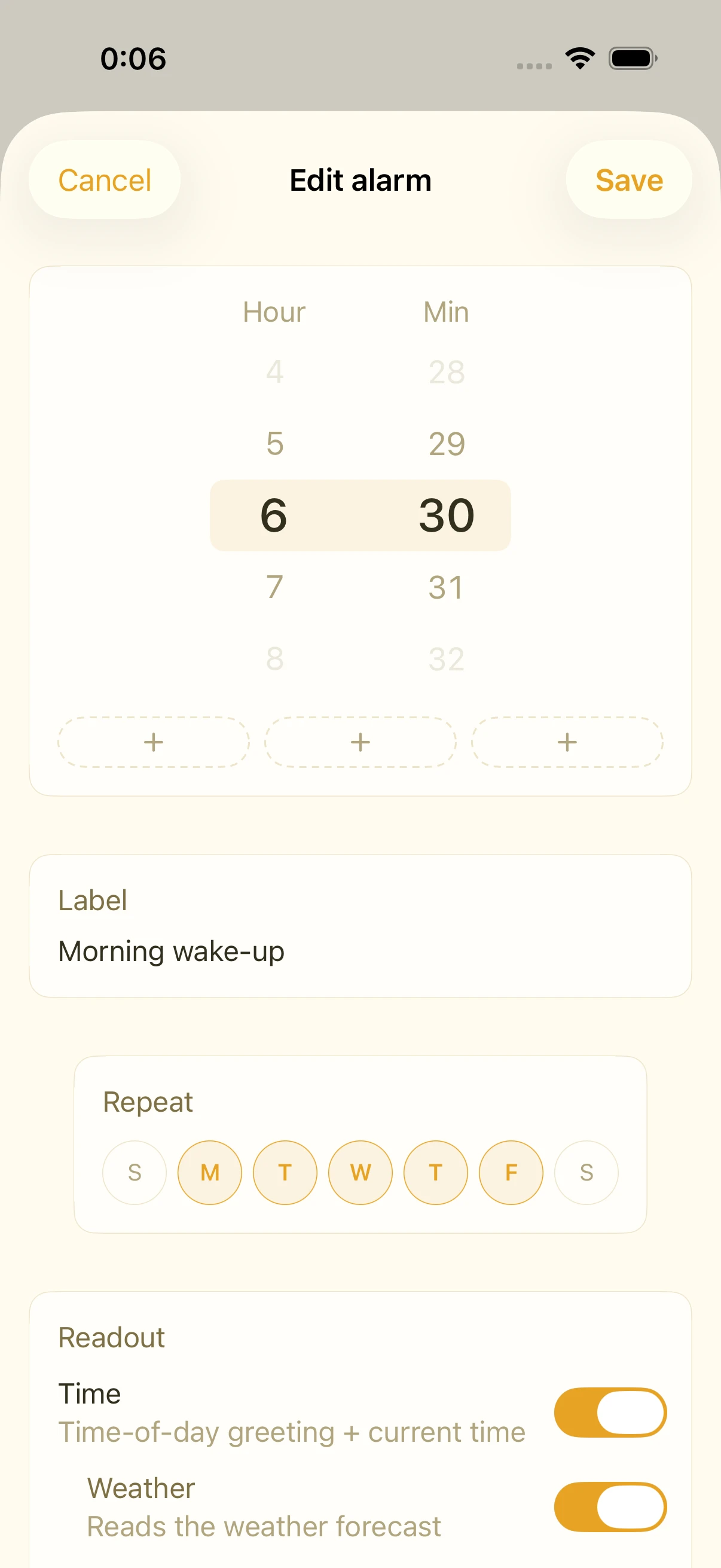 Alarm edit screen with the hour and minute wheels set to 6:30, followed by a label field and day-of-week repeat toggles