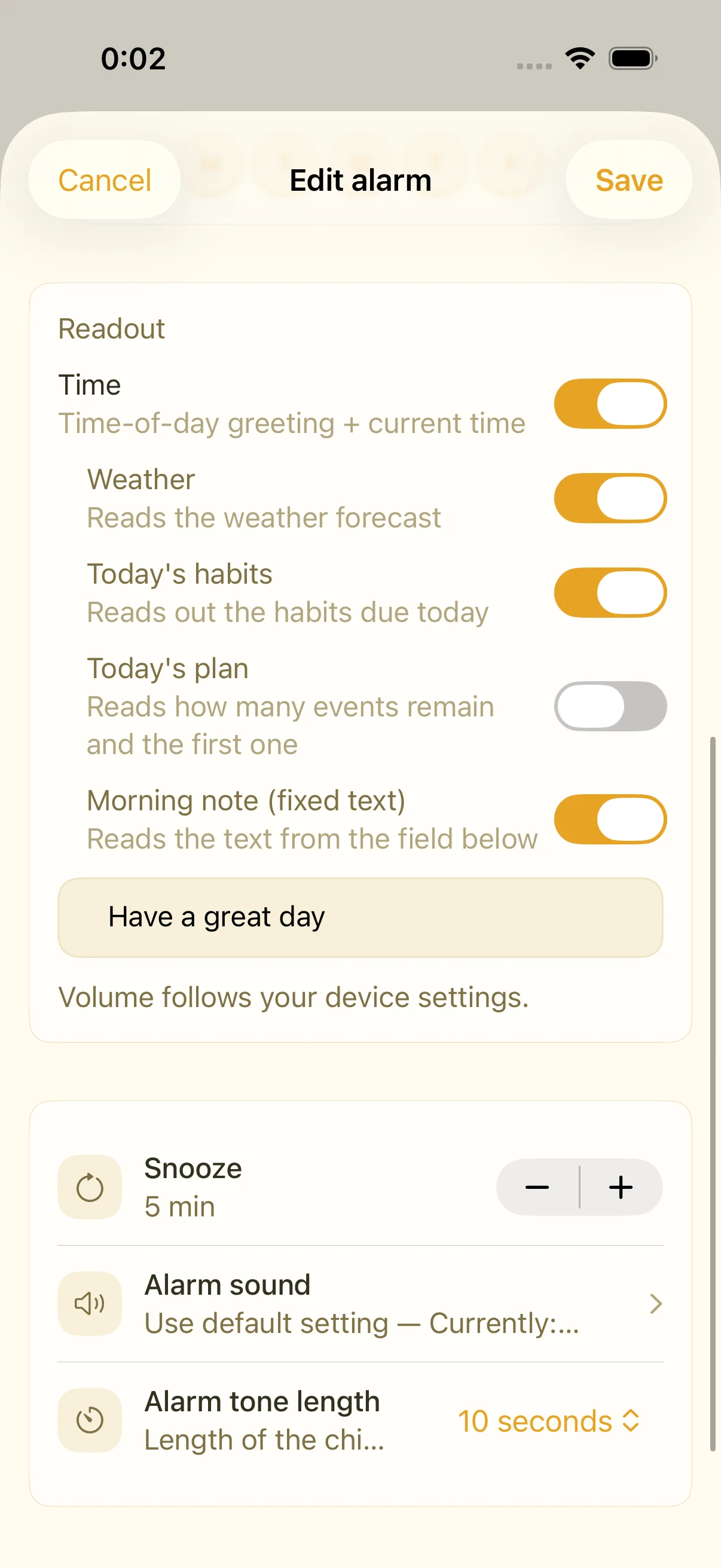 The readout toggle list with a fixed-text field beneath it