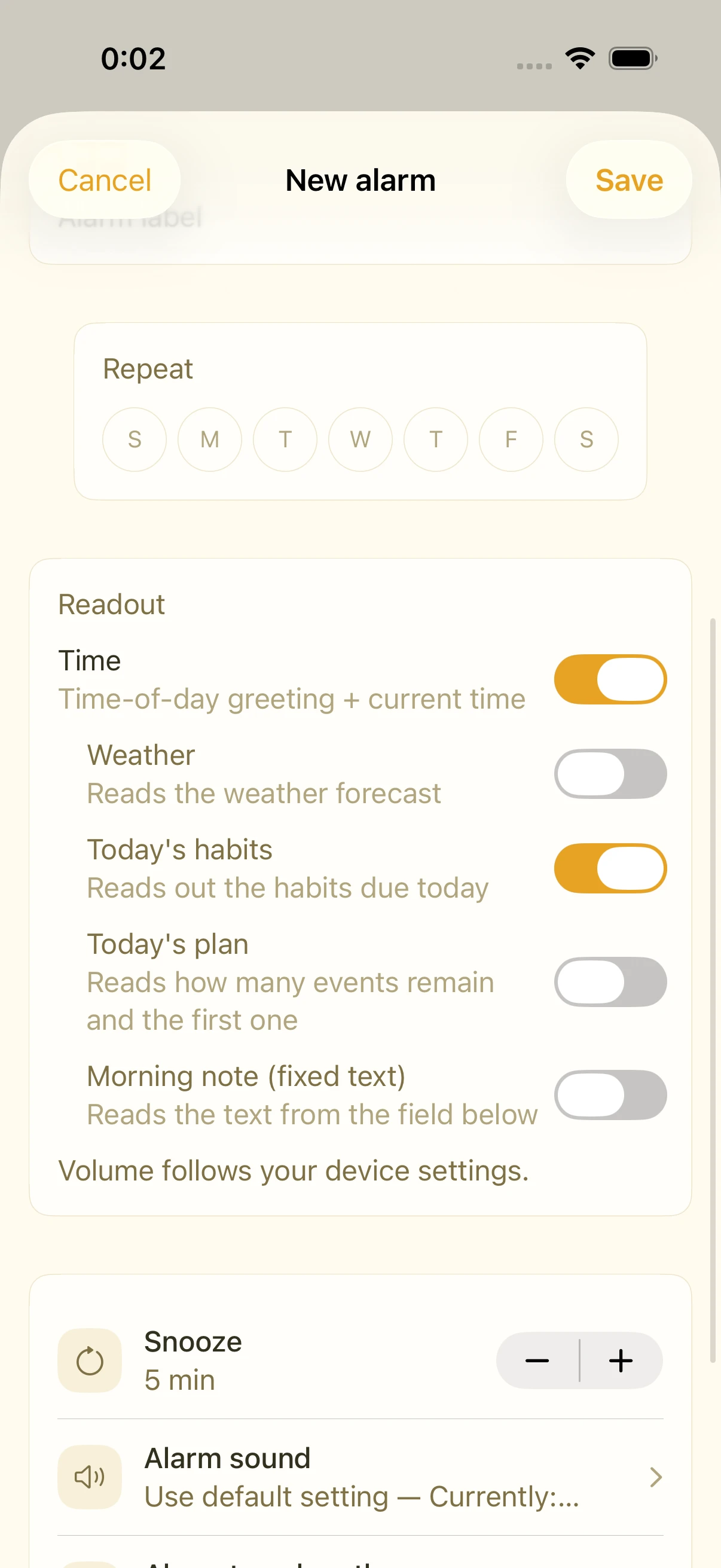 New alarm screen where the five readout toggles are switched on and off individually