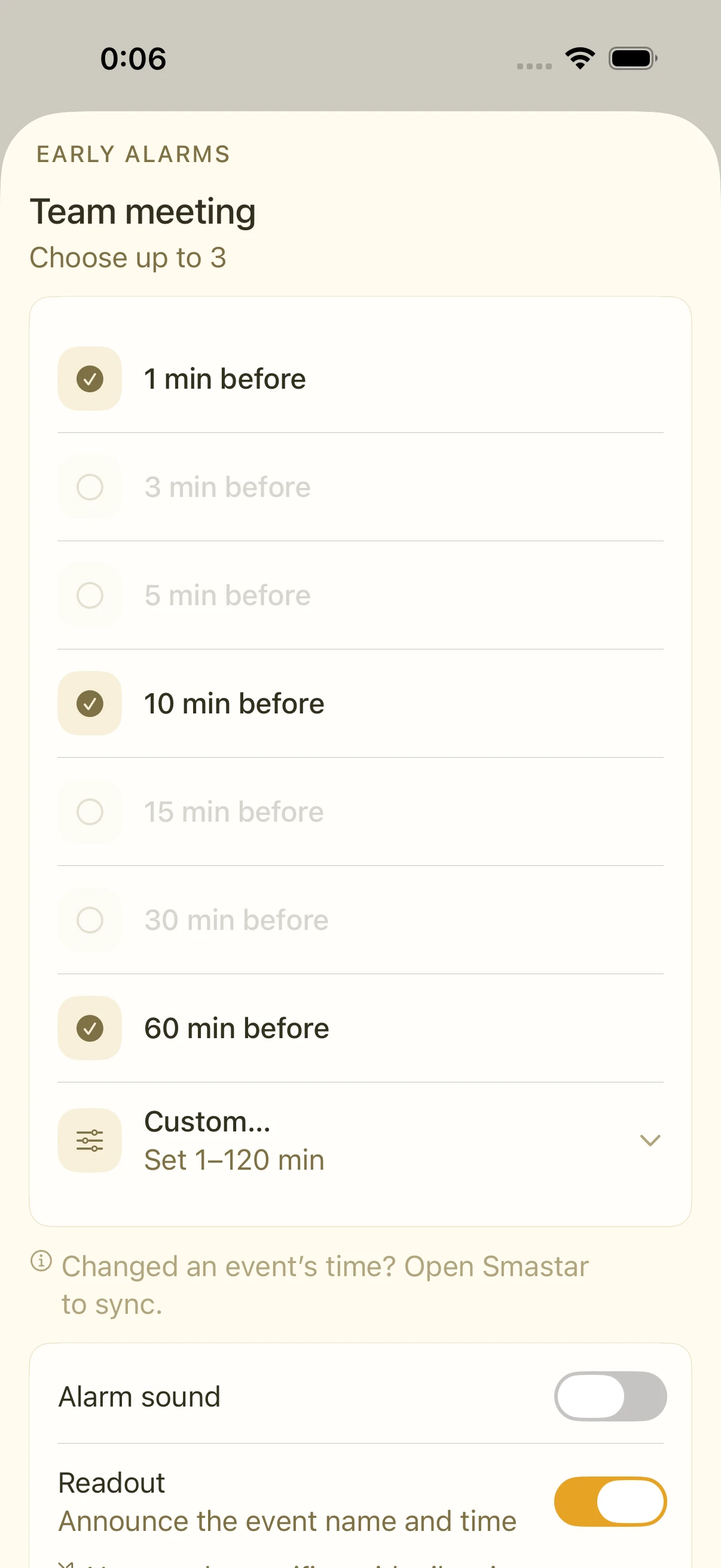 Pre-alarm picker with several lead times checked and a row for a custom interval