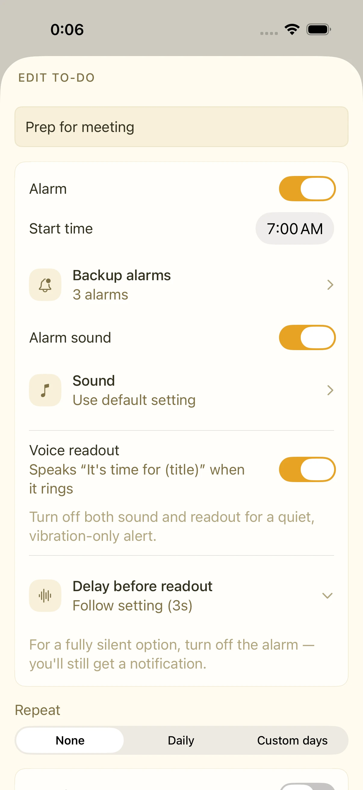 To-do edit screen listing start time, backup alarms, sound, and delay settings