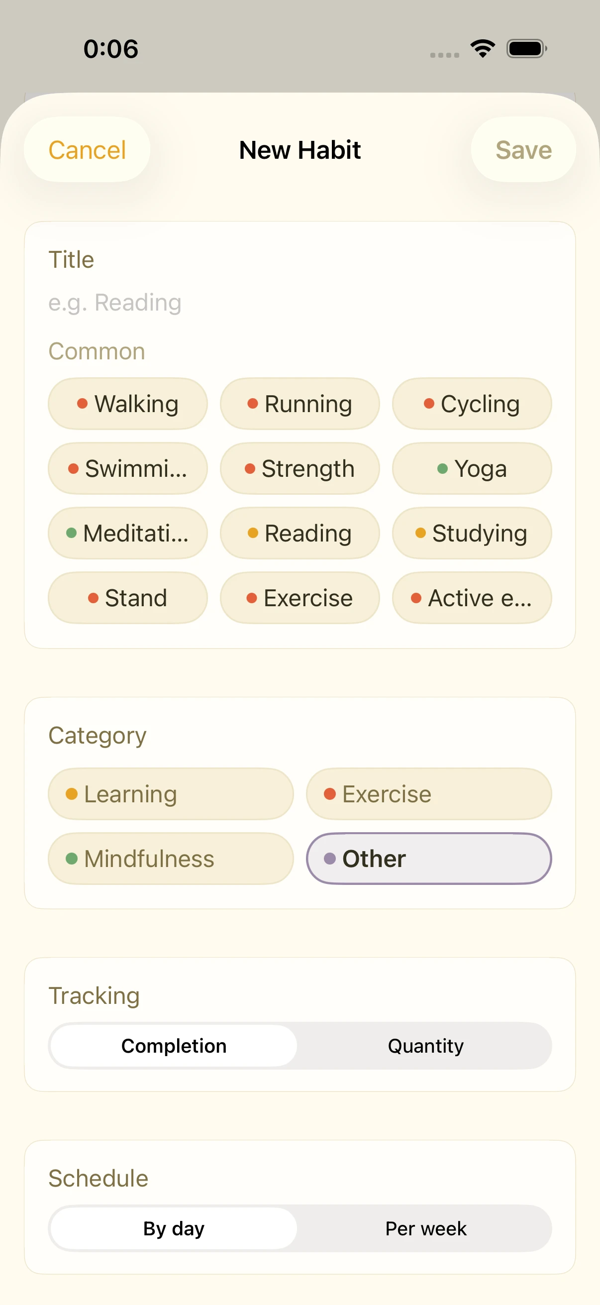New habit screen offering common suggestions, category, tracking type, and schedule