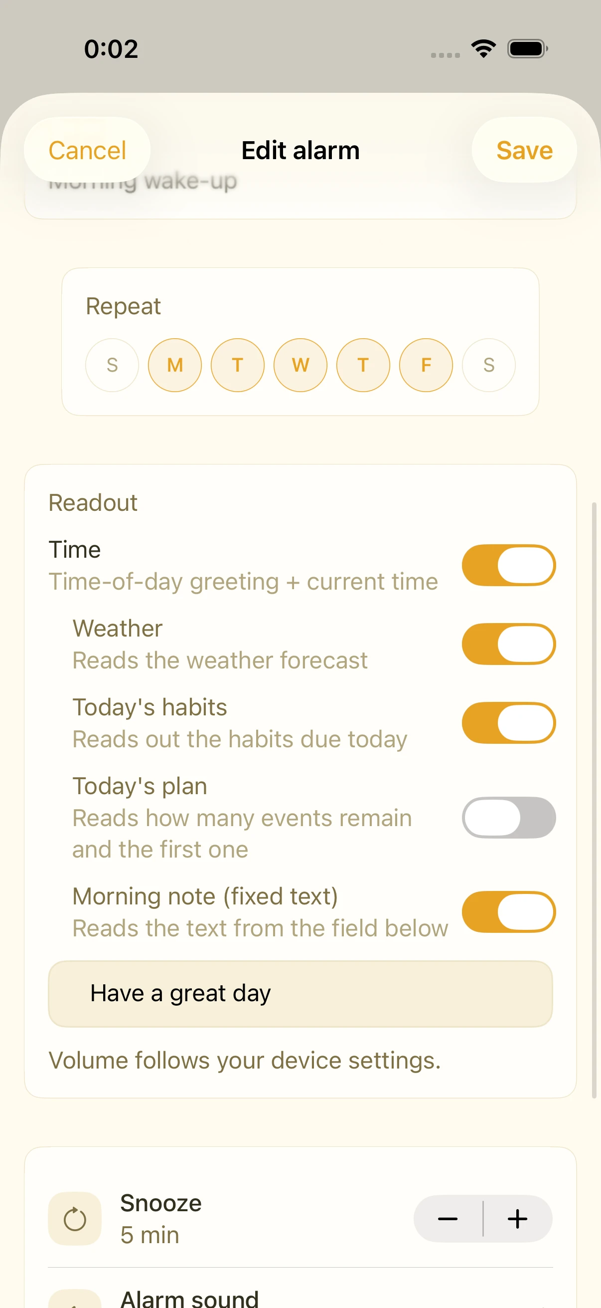 Alarm edit screen with the today's habits toggle switched on