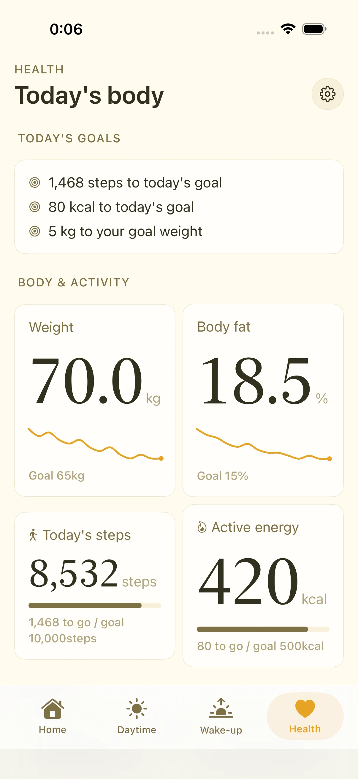 Health tab showing today's goal progress above a two-column grid of metric cards