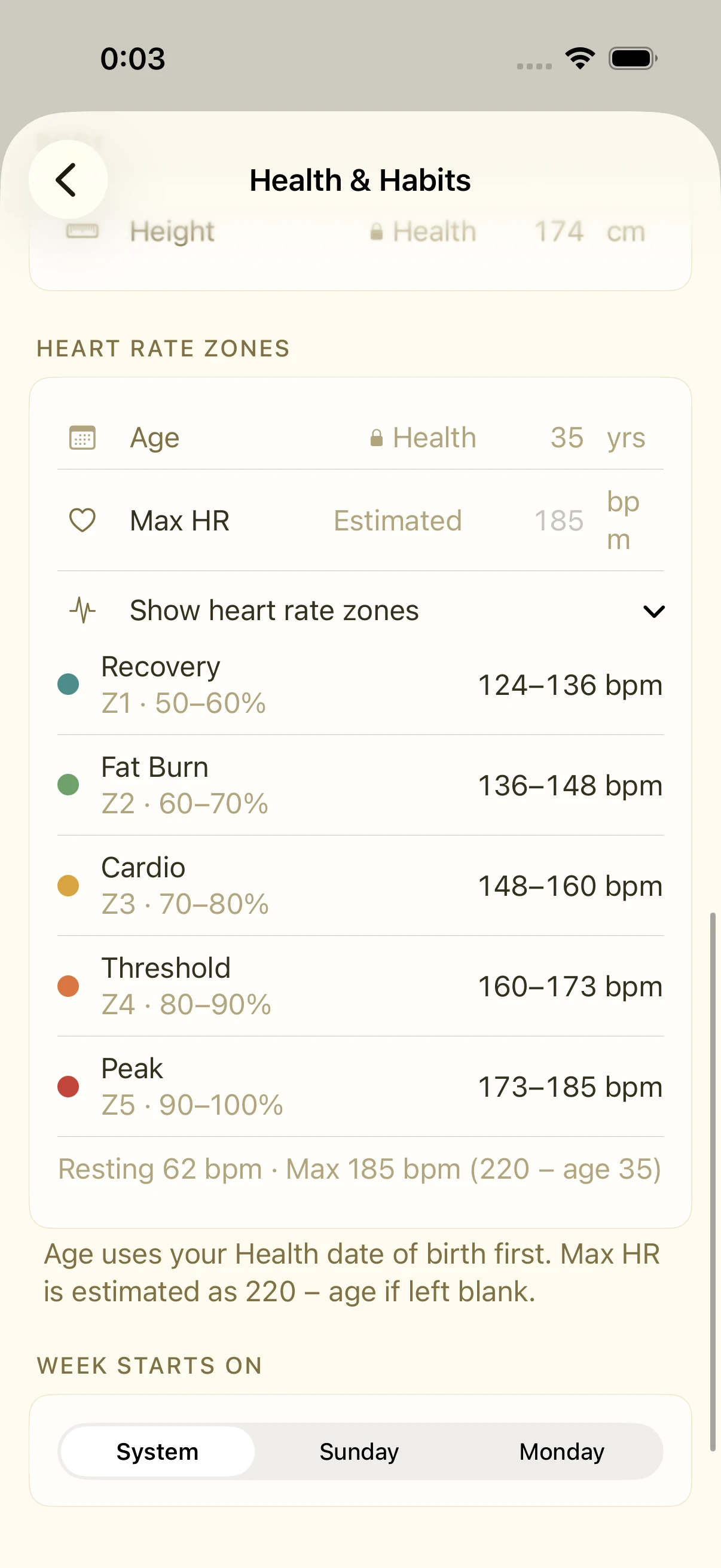 Health settings listing five heart-rate zones with colours and bpm ranges