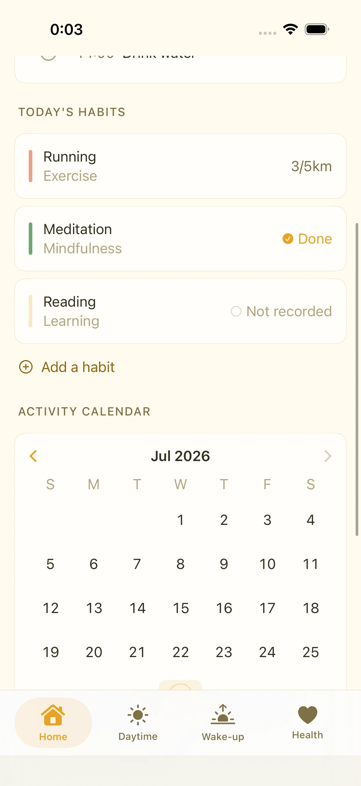 Today's habit progress above a month-view activity calendar