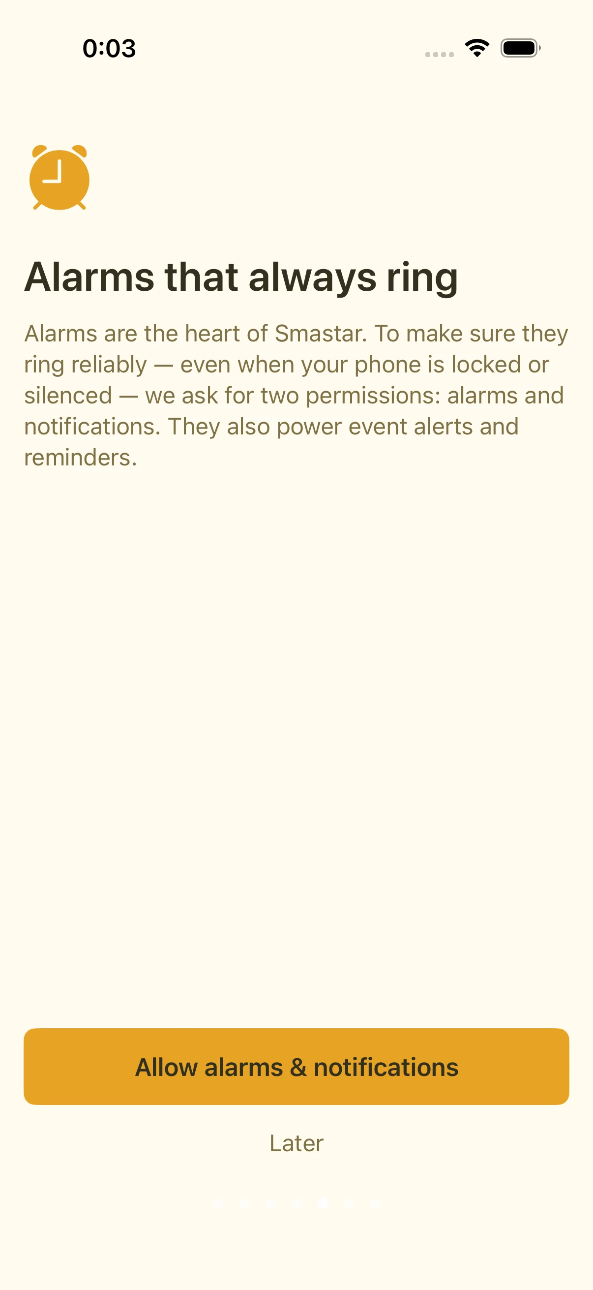 Onboarding screen with an alarm-clock icon and a permission button in the centre