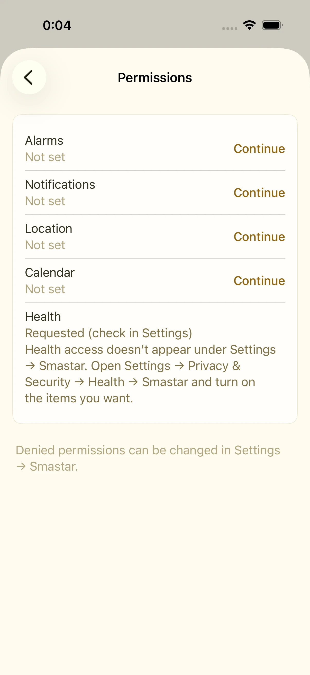 Permissions screen listing the state of alarms, notifications, location, calendar, and health