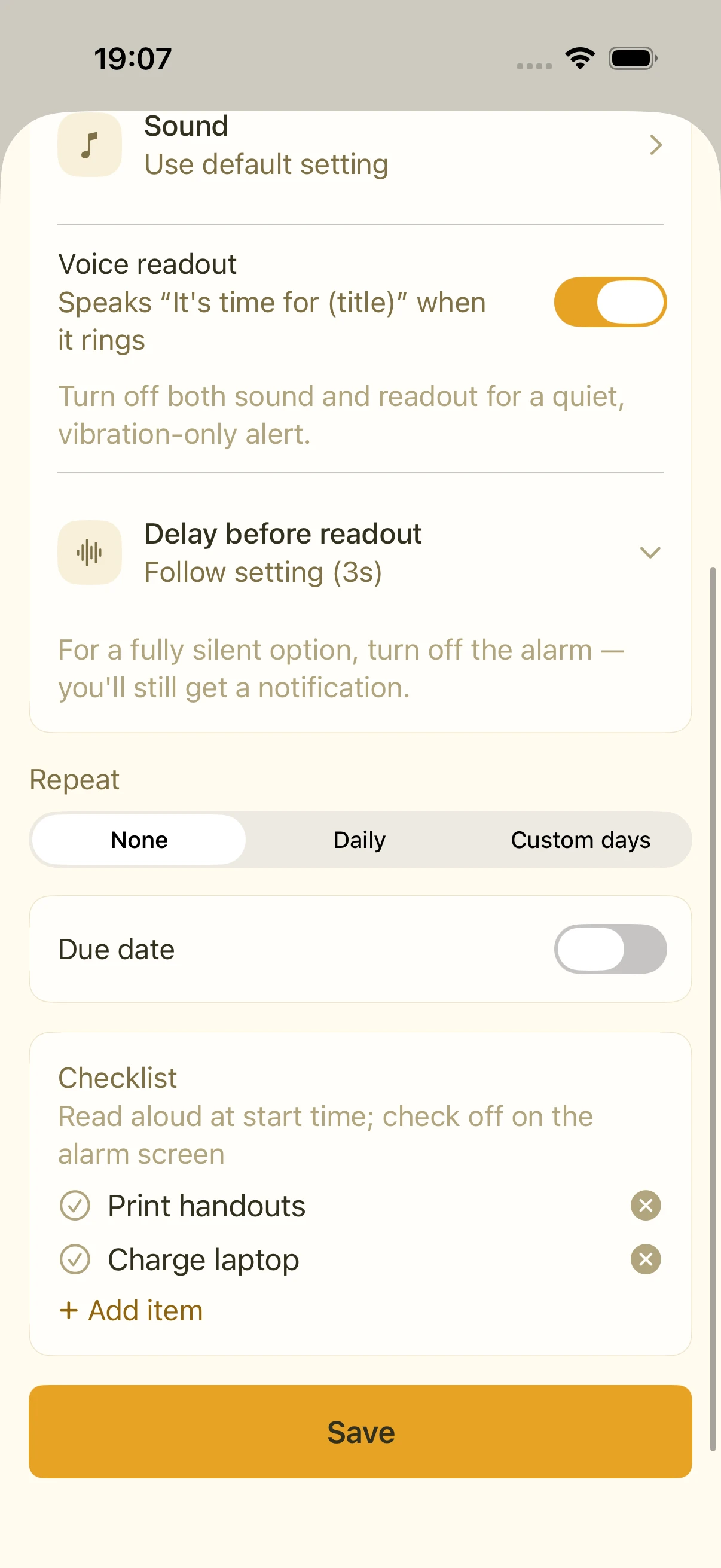 To-do edit screen with a checklist containing Print handouts and Charge laptop, and a row to add an item