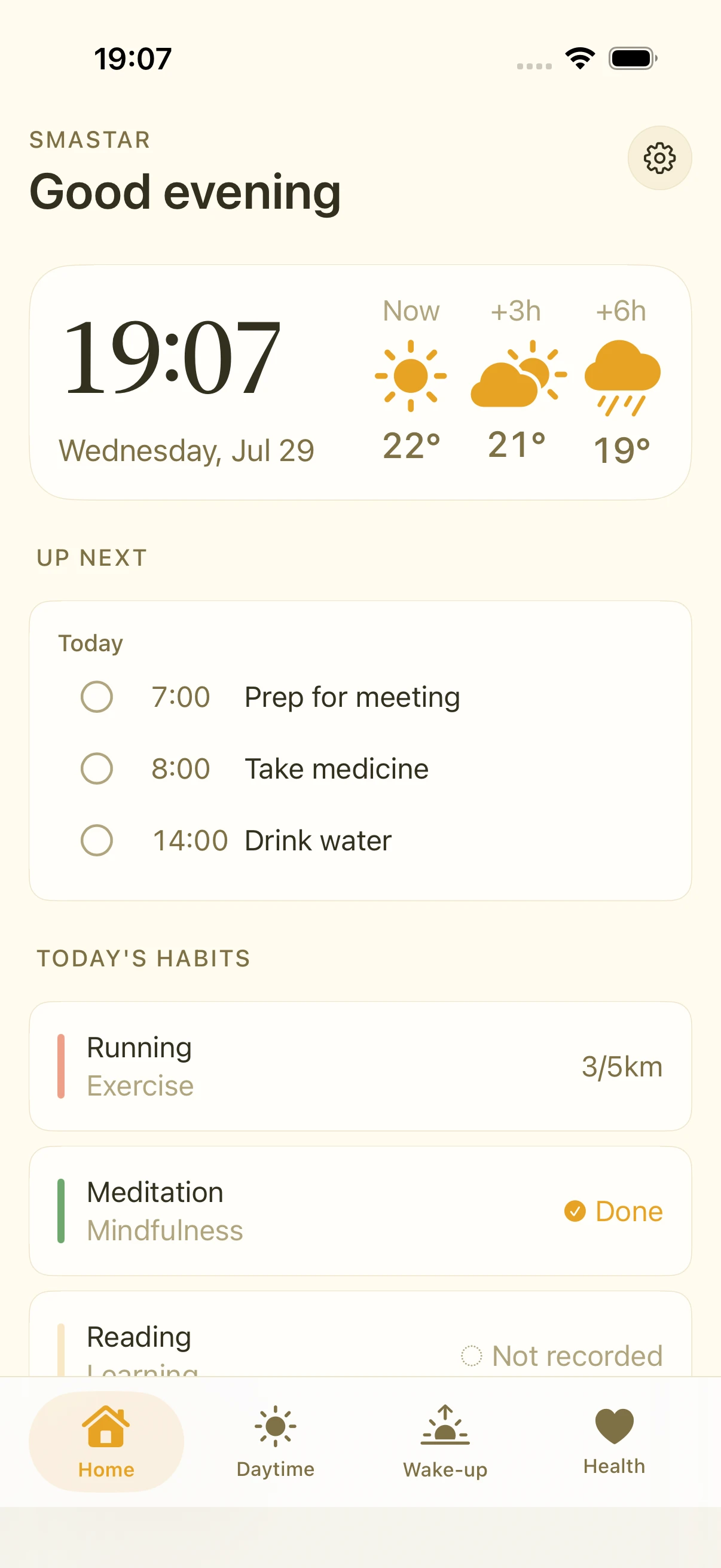 Home tab showing the time and weather, what's up next, and today's habit progress