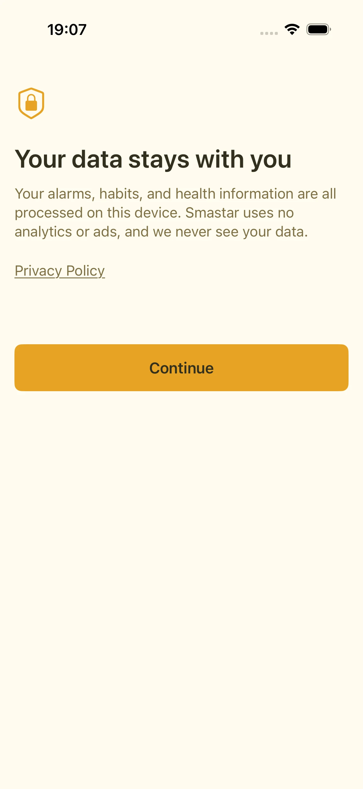First-launch privacy screen with a lock icon and a note that data is processed on the device