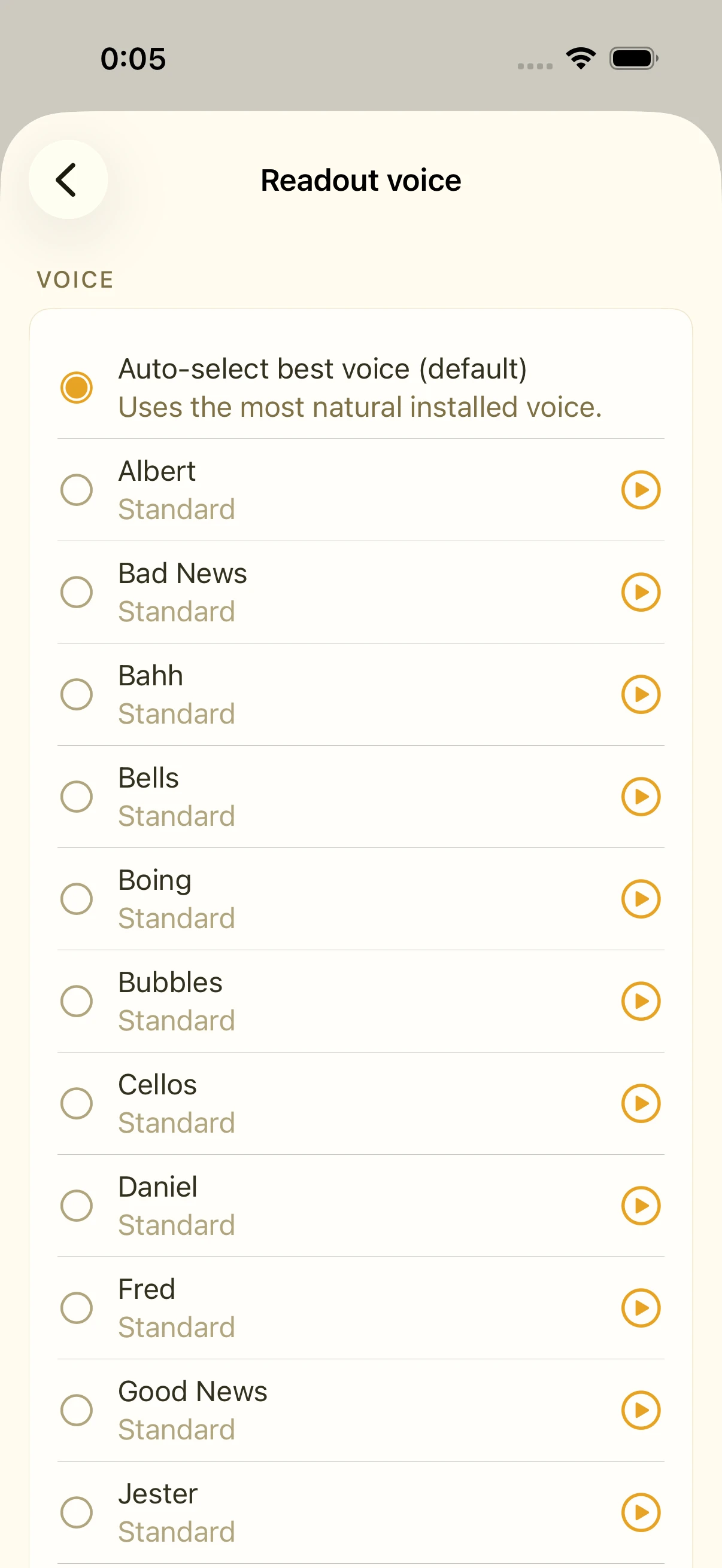 Voice list with the automatic default at the top and individual voices, each with a preview button